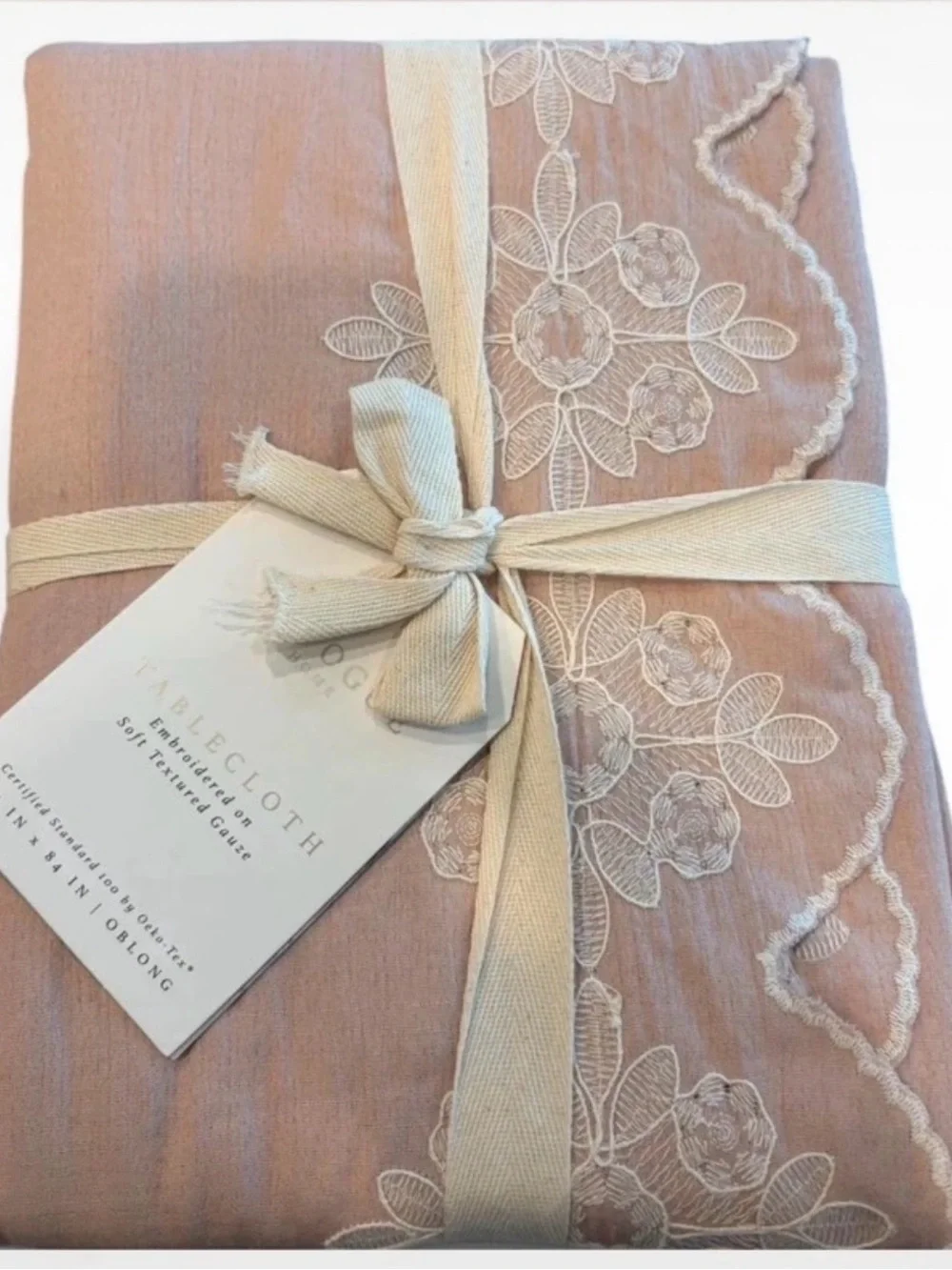 Envogue Pink Embroidered Gauze Tablecloth size 60x84 oblong